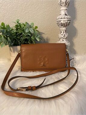 Tory Burch Cognac Brown Pebbled Leather Crossbody with Raised Logo